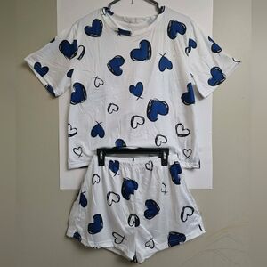 New Pajama Set, Blue Heart Print Pajamas For Women, Medium 2 Pcs